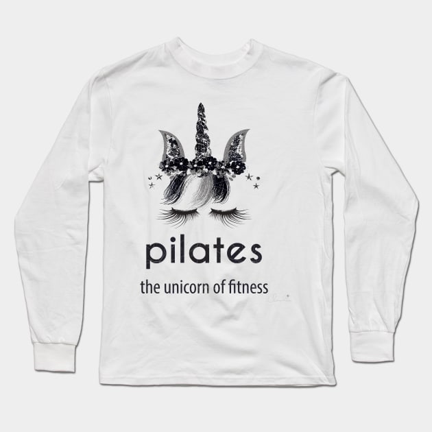 Pilates Unicorn of Fitness in Black White n Silver Long Sleeve T-Shirt by ClaudiaFlores